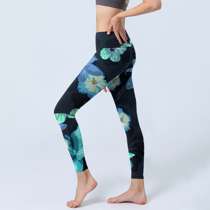 Leggings de yoga pour femme à imprimé floral vert et bleu Buddha Stones - image 3