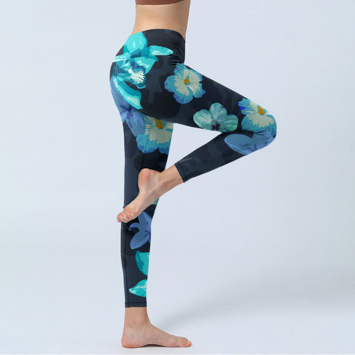 Leggings de yoga pour femme à imprimé floral vert et bleu Buddha Stones - image 4