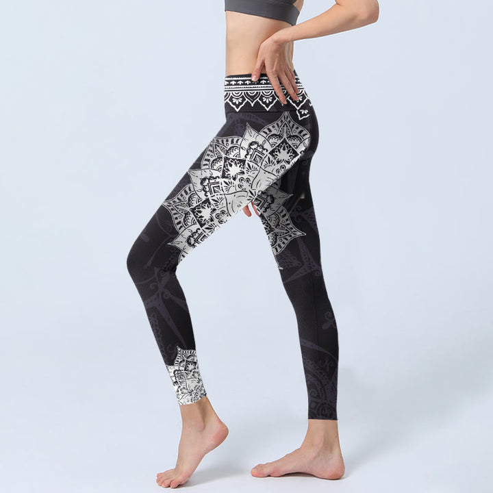 Leggings de yoga pour femme avec imprimé fleurs et Buddha Stones noires - image 3