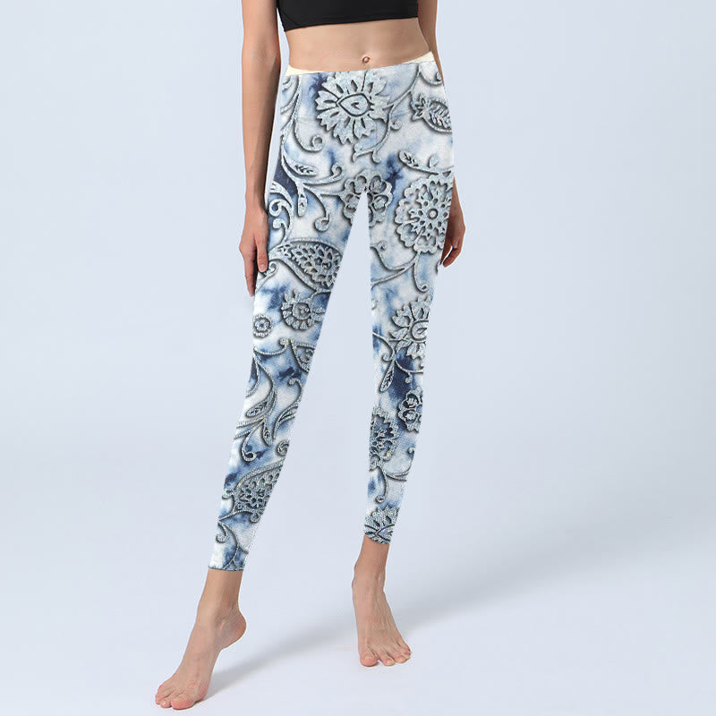 Leggings de yoga pour femme avec imprimé fleurs rondes blanches et Buddha Stones - image 5