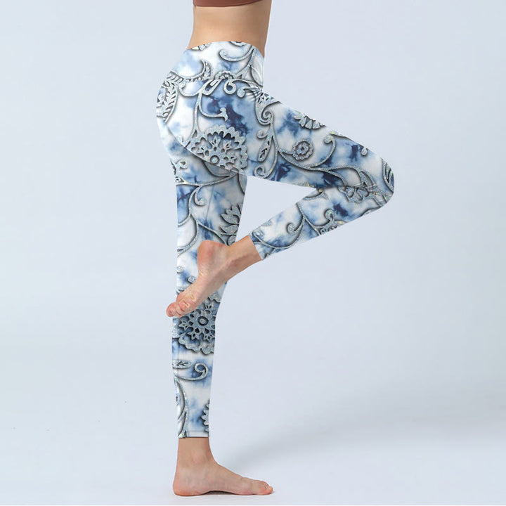 Leggings de yoga pour femme avec imprimé fleurs rondes blanches et Buddha Stones - image 3