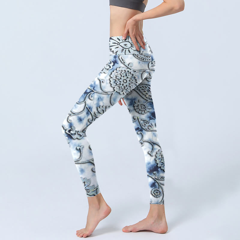 Leggings de yoga pour femme avec imprimé fleurs rondes blanches et Buddha Stones - image 2