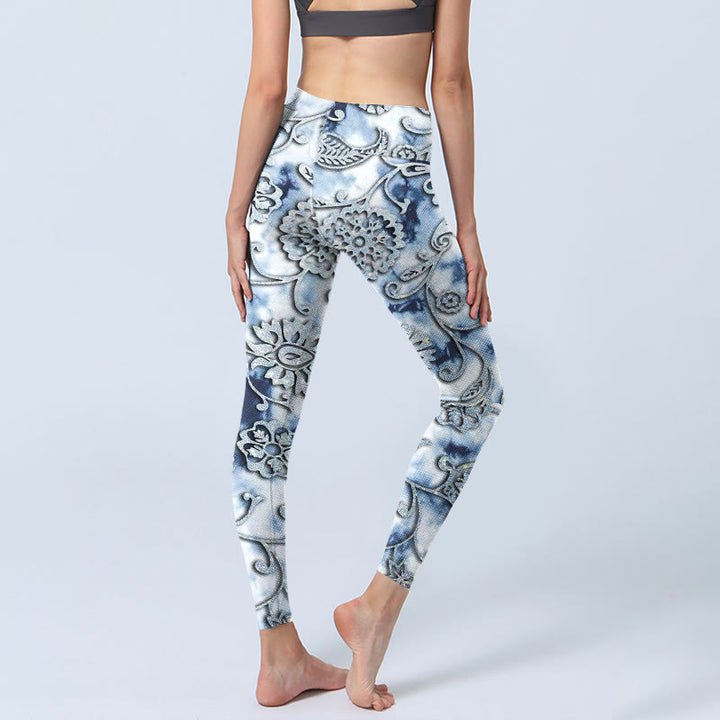 Leggings de yoga pour femme avec imprimé fleurs rondes blanches et Buddha Stones - image 5