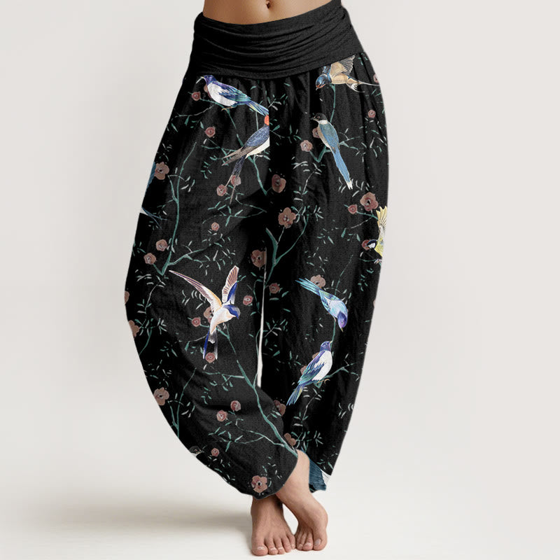 Pantalon sarouel décontracté à taille élastique pour femme, motif oiseaux, fleurs et feuilles, motif Buddha Stones - Noir - US22，UK/AU26，EU54 (6XL) - image 1
