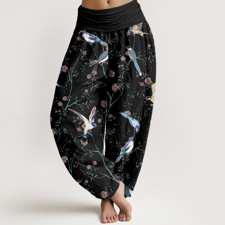Pantalon sarouel décontracté à taille élastique pour femme, motif oiseaux, fleurs et feuilles, motif Buddha Stones - Noir - US22，UK/AU26，EU54 (6XL) - image 1
