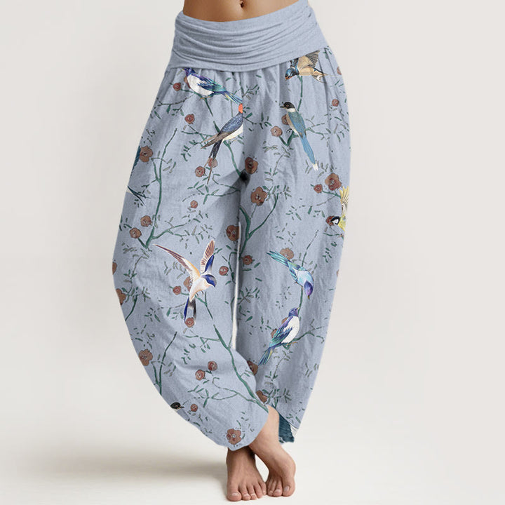 Pantalon sarouel décontracté à taille élastique pour femme, motif oiseaux, fleurs et feuilles, motif Buddha Stones - Bleu ciel clair - US22，UK/AU26，EU54 (6XL) - image 5