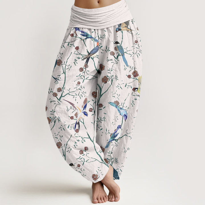 Pantalon sarouel décontracté à taille élastique pour femme, motif oiseaux, fleurs et feuilles, motif Buddha Stones - Fumée blanche - US22，UK/AU26，EU54 (6XL) - image 8