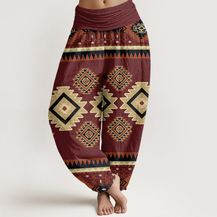 Pantalon harem pour femme, taille élastique, en coton, motif symétrique style navajo, orné de Buddha Stones - Brun - US22，UK/AU26，EU54 (6XL) - image 0