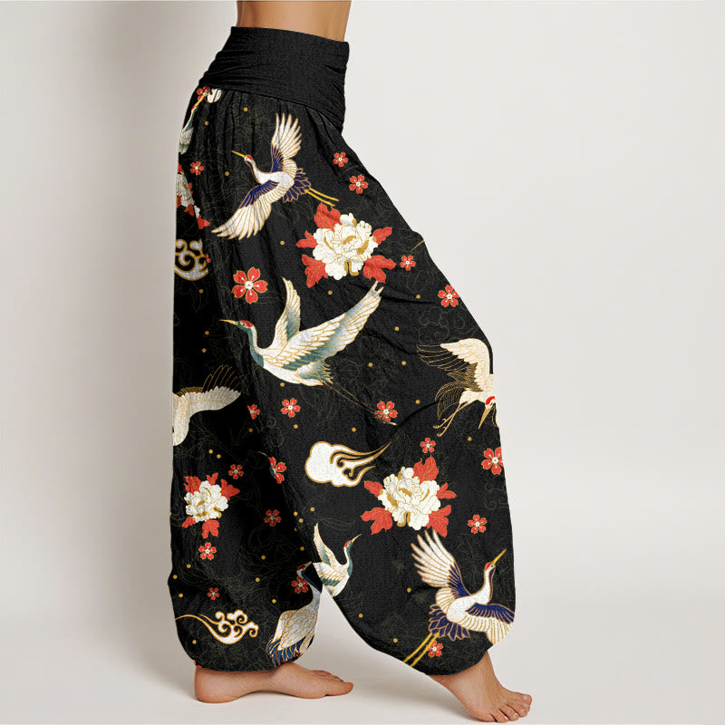 Pantalon Buddha Stones décontracté à taille élastique pour femme, motif grue à couronne rouge, pivoine, fleur de cerisier - image 2