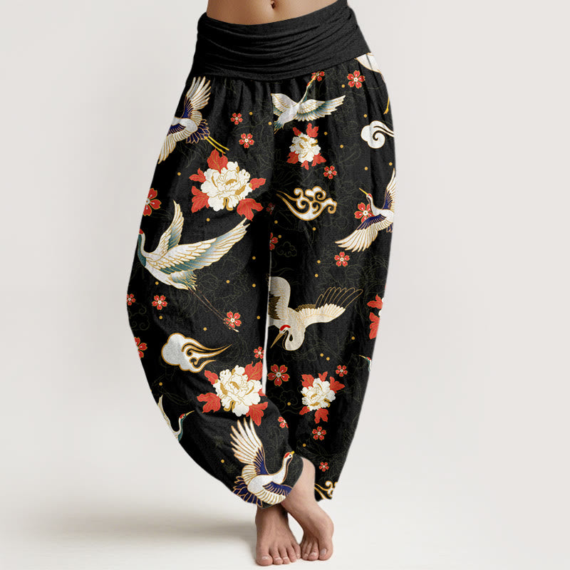 Pantalon Buddha Stones décontracté à taille élastique pour femme, motif grue à couronne rouge, pivoine, fleur de cerisier - Noir - US22，UK/AU26，EU54 (6XL) - image 1