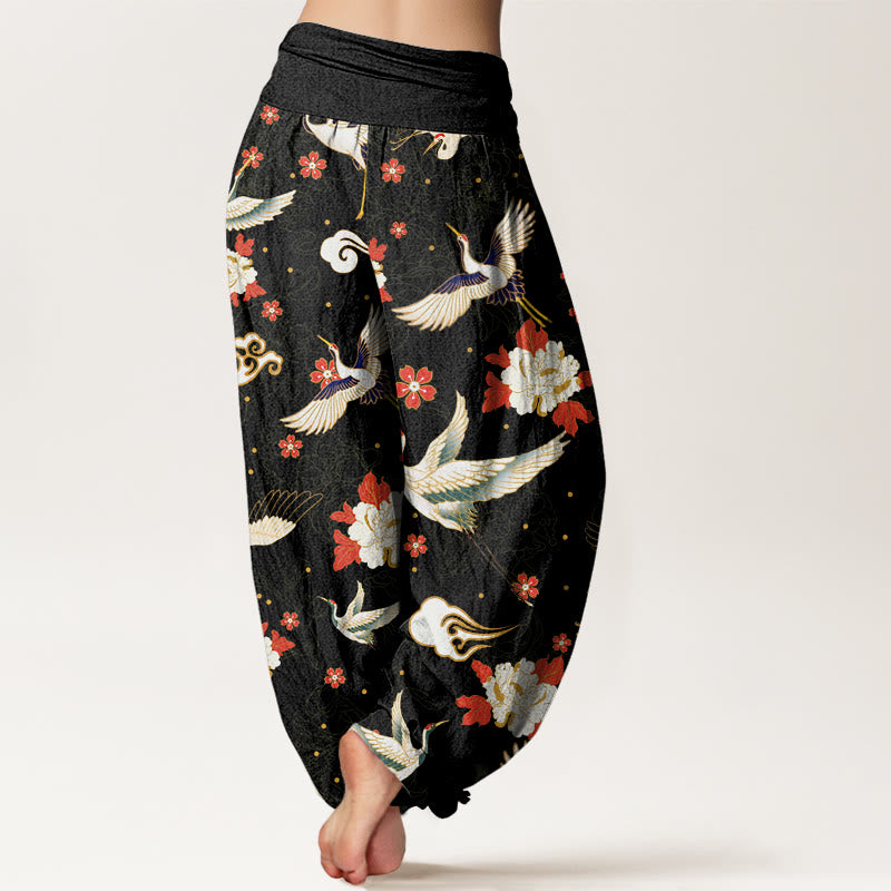 Pantalon Buddha Stones décontracté à taille élastique pour femme, motif grue à couronne rouge, pivoine, fleur de cerisier - image 3