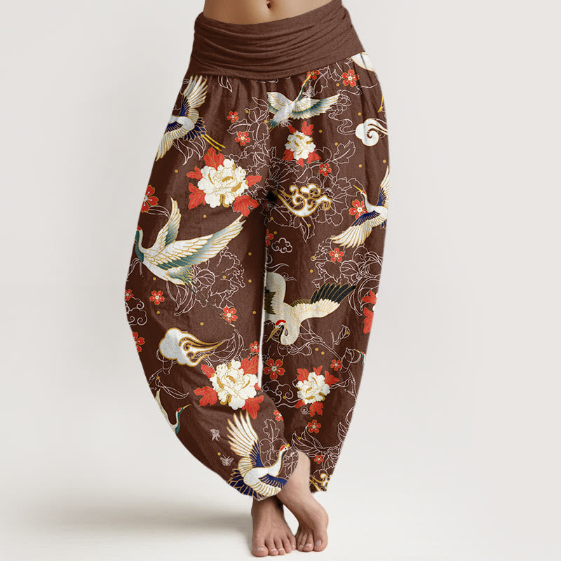 Pantalon Buddha Stones décontracté à taille élastique pour femme, motif grue à couronne rouge, pivoine, fleur de cerisier - SaddleBrown - US22，UK/AU26，EU54 (6XL) - image 5