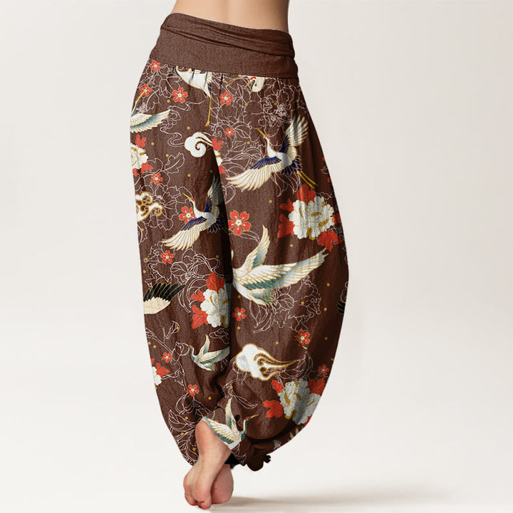 Pantalon Buddha Stones décontracté à taille élastique pour femme, motif grue à couronne rouge, pivoine, fleur de cerisier - image 7