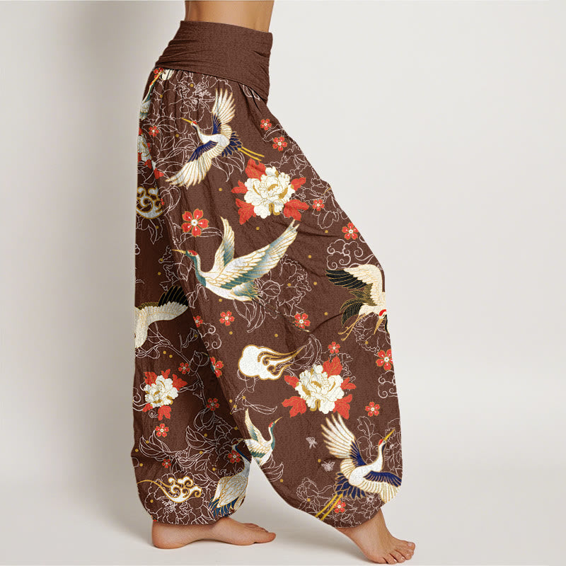 Pantalon Buddha Stones décontracté à taille élastique pour femme, motif grue à couronne rouge, pivoine, fleur de cerisier - image 6