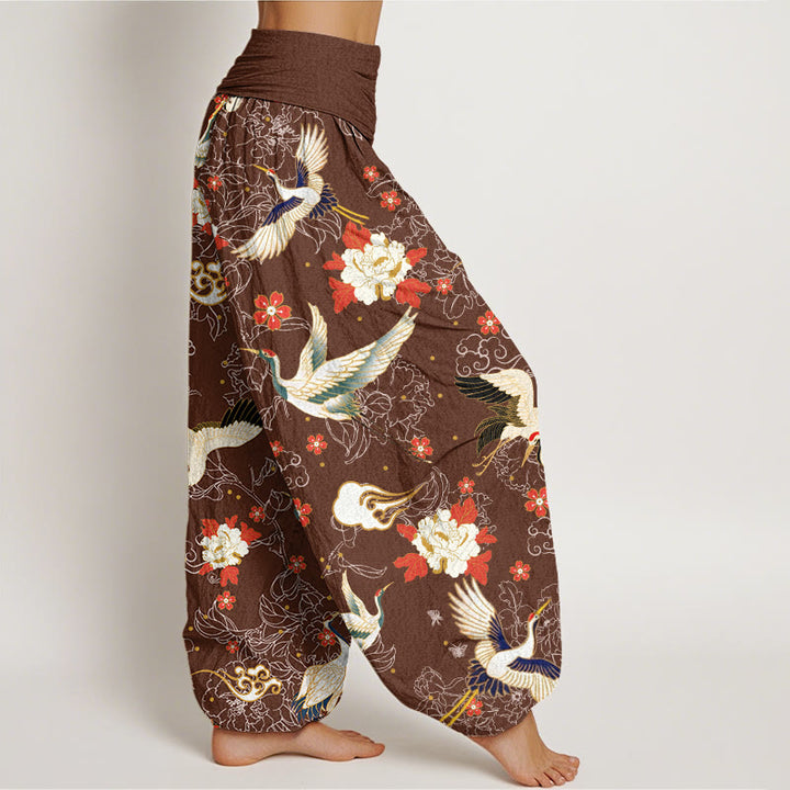Pantalon Buddha Stones décontracté à taille élastique pour femme, motif grue à couronne rouge, pivoine, fleur de cerisier - image 6