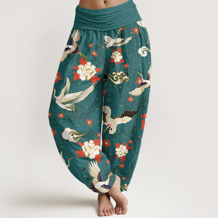 Pantalon Buddha Stones décontracté à taille élastique pour femme, motif grue à couronne rouge, pivoine, fleur de cerisier - Cyan foncé - US22，UK/AU26，EU54 (6XL) - image 8