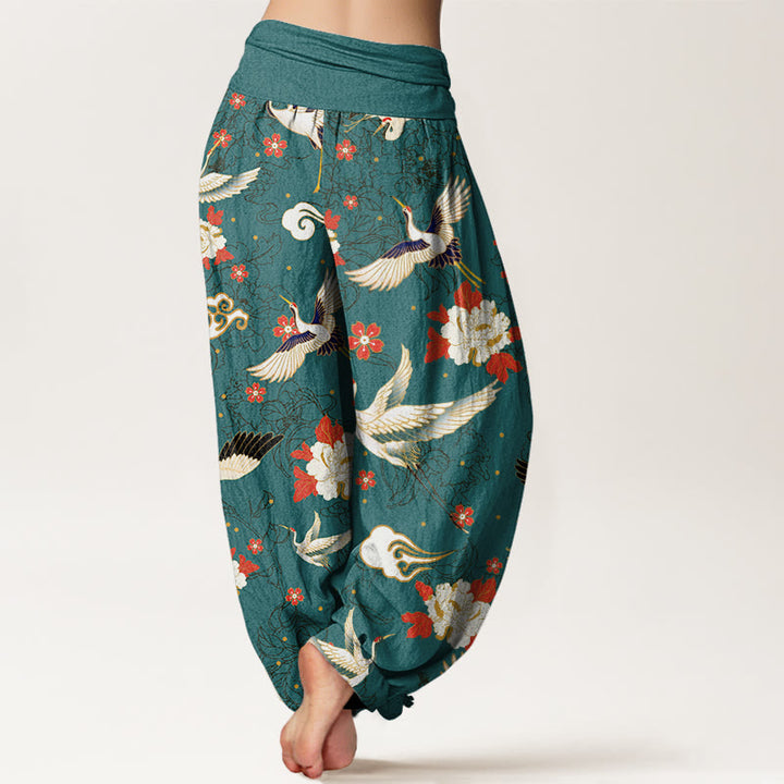 Pantalon Buddha Stones décontracté à taille élastique pour femme, motif grue à couronne rouge, pivoine, fleur de cerisier - image 10
