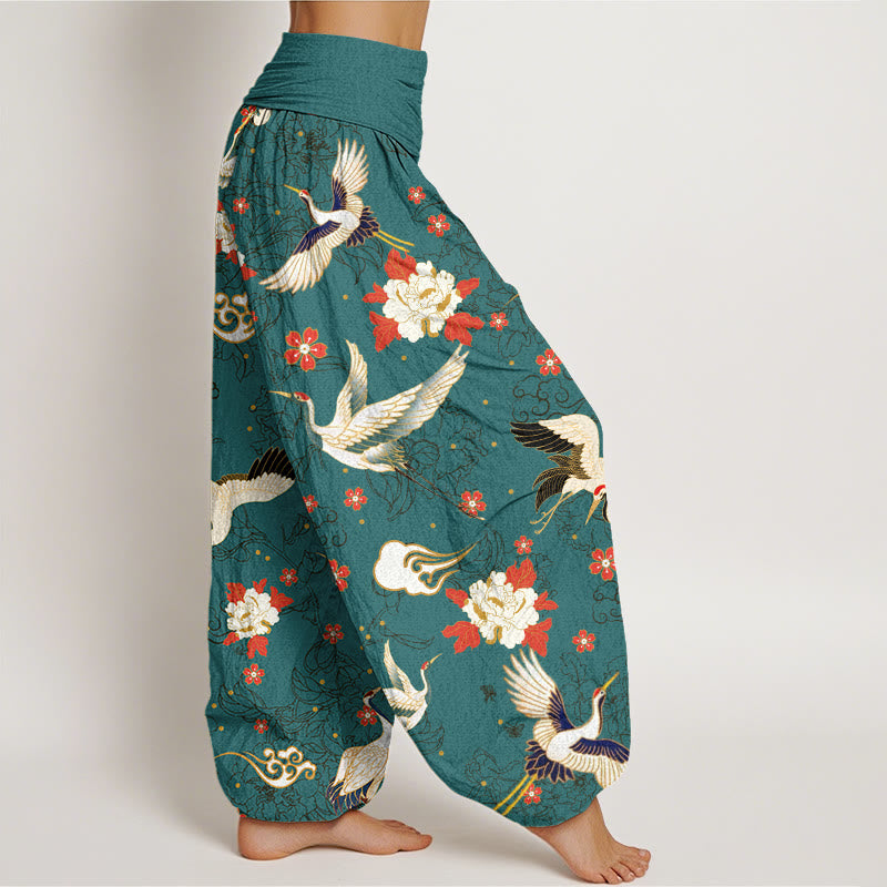 Pantalon Buddha Stones décontracté à taille élastique pour femme, motif grue à couronne rouge, pivoine, fleur de cerisier - image 9