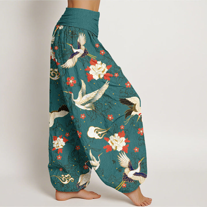 Pantalon Buddha Stones décontracté à taille élastique pour femme, motif grue à couronne rouge, pivoine, fleur de cerisier - image 9