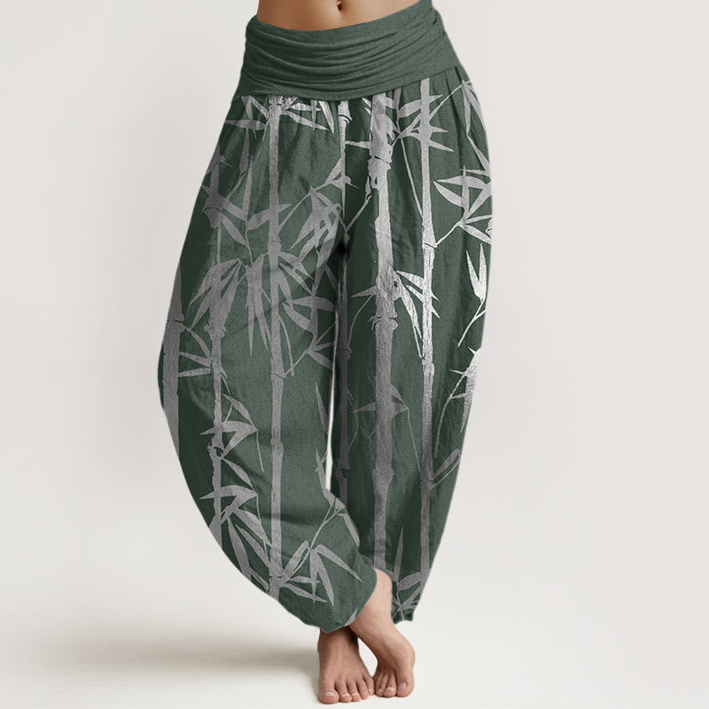 Pantalon sarouel décontracté à taille élastique pour femme, motif tiges de bambou et feuilles, motif Buddha Stones - Vert foncé - US22，UK/AU26，EU54 (6XL) - image 1