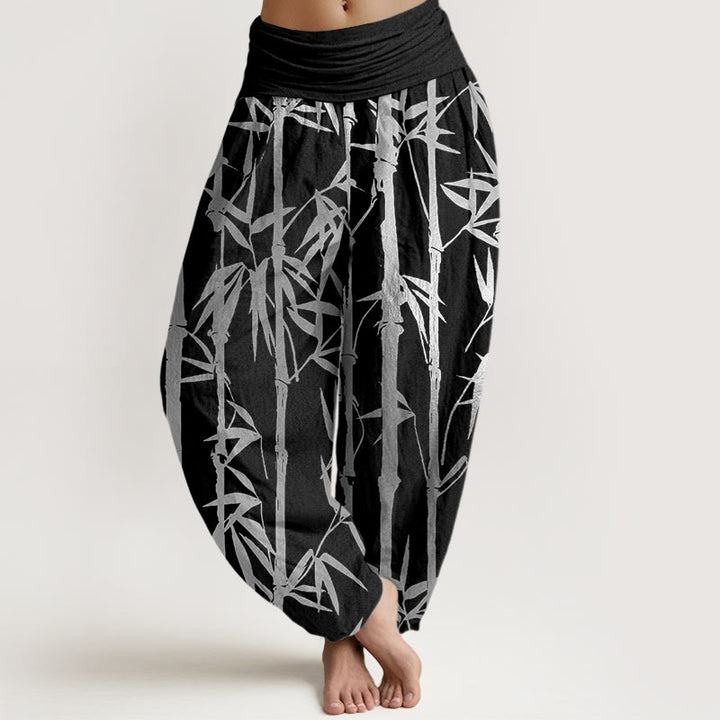 Pantalon sarouel décontracté à taille élastique pour femme, motif tiges de bambou et feuilles, motif Buddha Stones - Noir - US22，UK/AU26，EU54 (6XL) - image 5