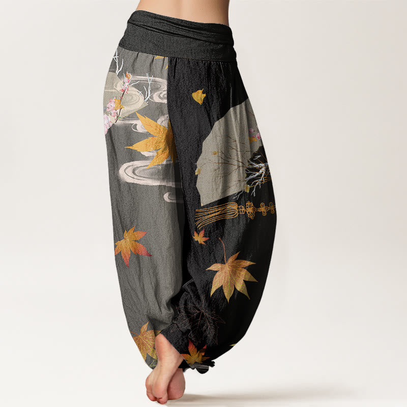 Pantalon harem femme à taille élastique, en coton décontracté, orné de Buddha Stones , de fleurs, de feuilles d'érable et de nuages. - image 2