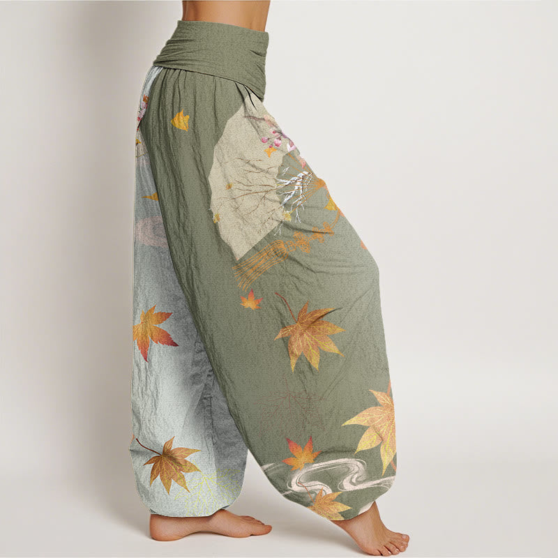 Pantalon harem femme à taille élastique, en coton décontracté, orné de Buddha Stones , de fleurs, de feuilles d'érable et de nuages. - image 5