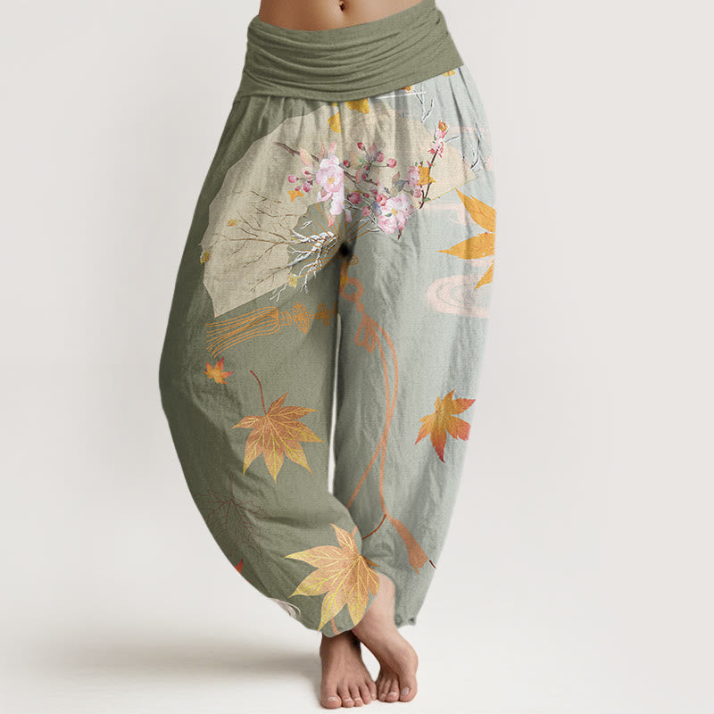 Pantalon harem femme à taille élastique, en coton décontracté, orné de Buddha Stones , de fleurs, de feuilles d'érable et de nuages. - Vert foncé - US22，UK/AU26，EU54 (6XL) - image 4
