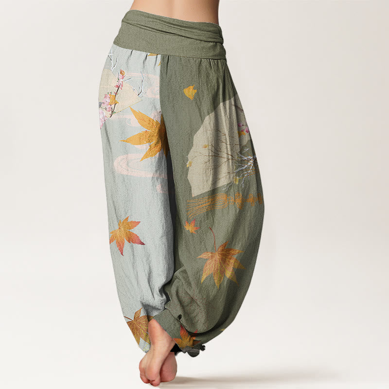 Pantalon harem femme à taille élastique, en coton décontracté, orné de Buddha Stones , de fleurs, de feuilles d'érable et de nuages. - image 6