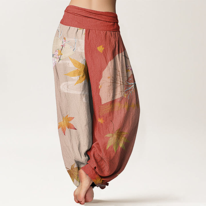 Pantalon harem femme à taille élastique, en coton décontracté, orné de Buddha Stones , de fleurs, de feuilles d'érable et de nuages. - image 9