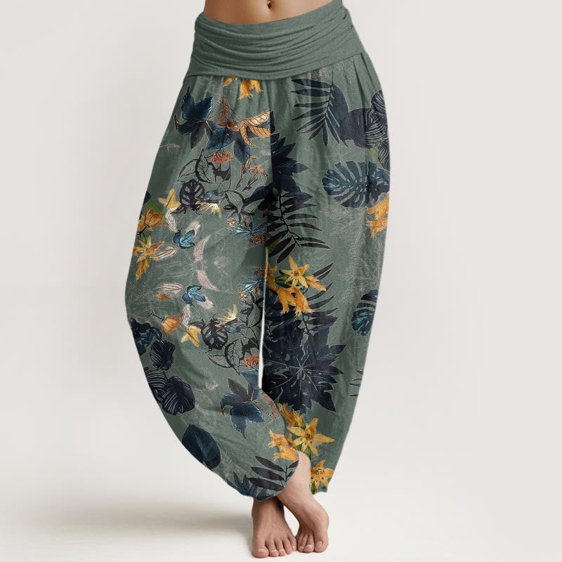 Pantalon sarouel taille élastique pour femme, Buddha Stones, fleurs jaunes et feuilles vertes - Aigue-marine moyenne - US22，UK/AU26，EU54 (6XL) - image 1