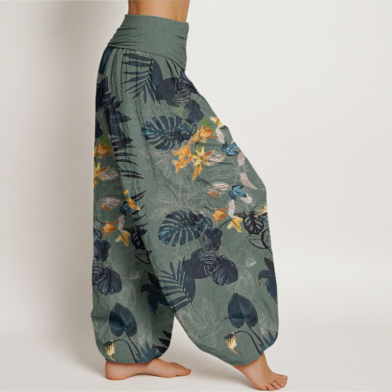 Pantalon sarouel taille élastique pour femme, Buddha Stones, fleurs jaunes et feuilles vertes - image 3
