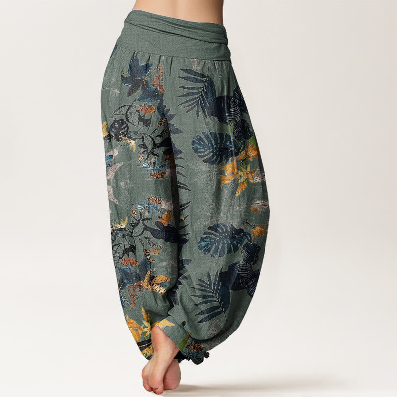 Pantalon sarouel taille élastique pour femme, Buddha Stones, fleurs jaunes et feuilles vertes - image 2