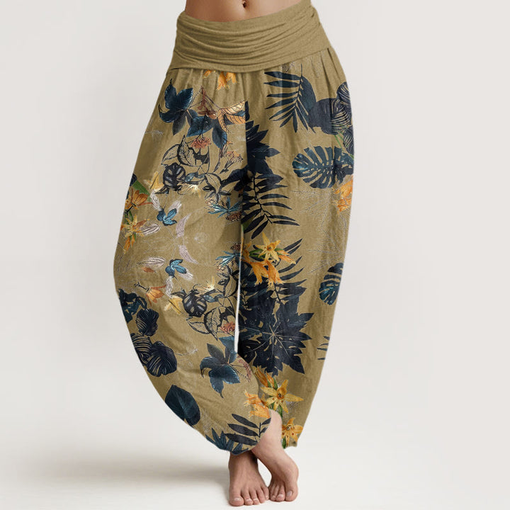 Pantalon sarouel taille élastique pour femme, Buddha Stones, fleurs jaunes et feuilles vertes - Kaki foncé - US22，UK/AU26，EU54 (6XL) - image 5