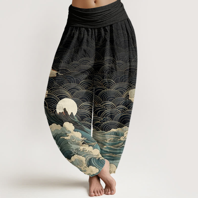 Pantalon harem à taille élastique pour femme, en coton décontracté, motif vagues, lune et montagnes, Buddha Stones - Noir - US22，UK/AU26，EU54 (6XL) - image 0