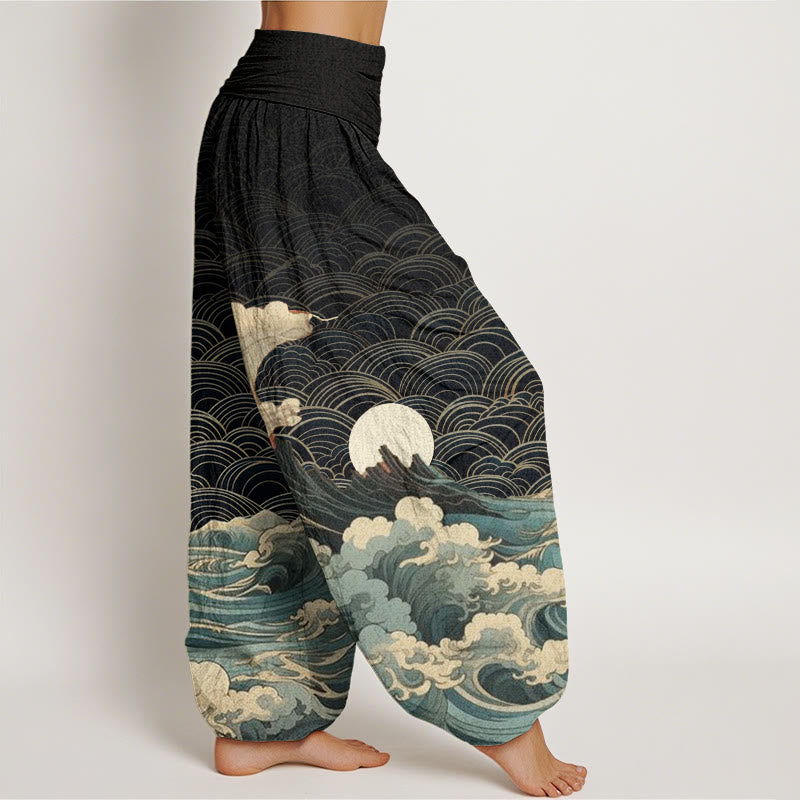 Pantalon sarouel décontracté à taille élastique pour femme, motif vagues, lune et montagne, motif Buddha Stones - image 1