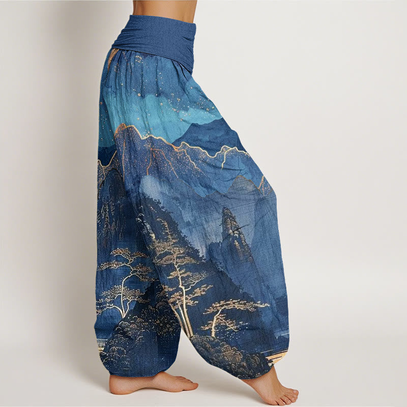 Pantalon harem femme en coton décontracté à motif de Buddha Stones, pleine lune, montagnes, arbres et rivière, taille élastique - image 1