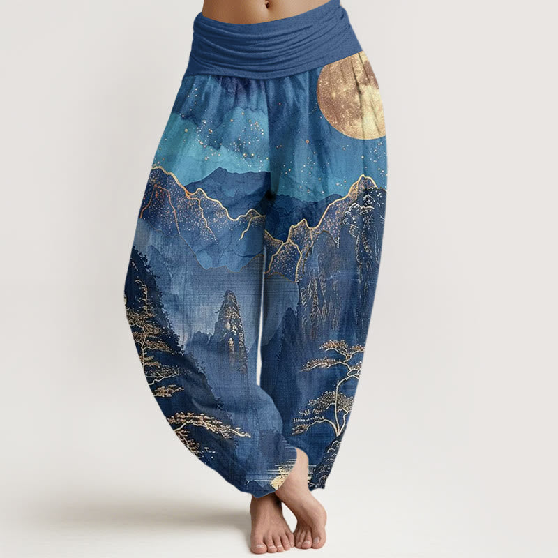 Pantalon harem femme en coton décontracté à motif de Buddha Stones, pleine lune, montagnes, arbres et rivière, taille élastique - SteelBlue - US22，UK/AU26，EU54 (6XL) - image 0