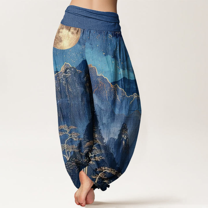 Pantalon harem femme en coton décontracté à motif de Buddha Stones, pleine lune, montagnes, arbres et rivière, taille élastique - image 2