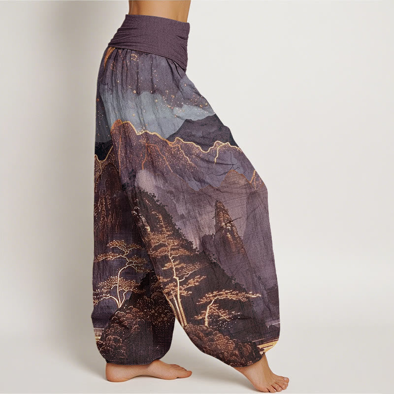 Pantalon harem femme en coton décontracté à motif de Buddha Stones, pleine lune, montagnes, arbres et rivière, taille élastique - image 5