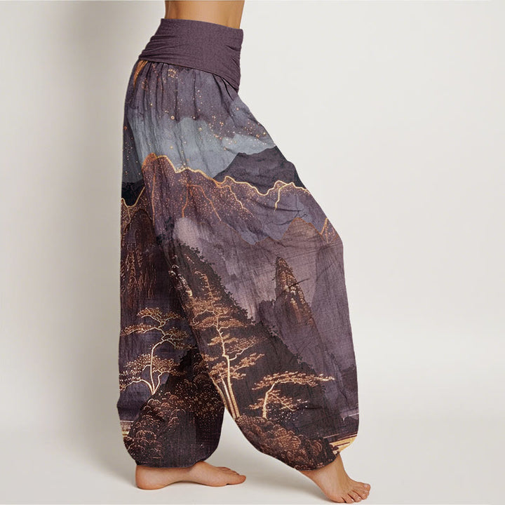 Pantalon harem femme en coton décontracté à motif de Buddha Stones, pleine lune, montagnes, arbres et rivière, taille élastique - image 5