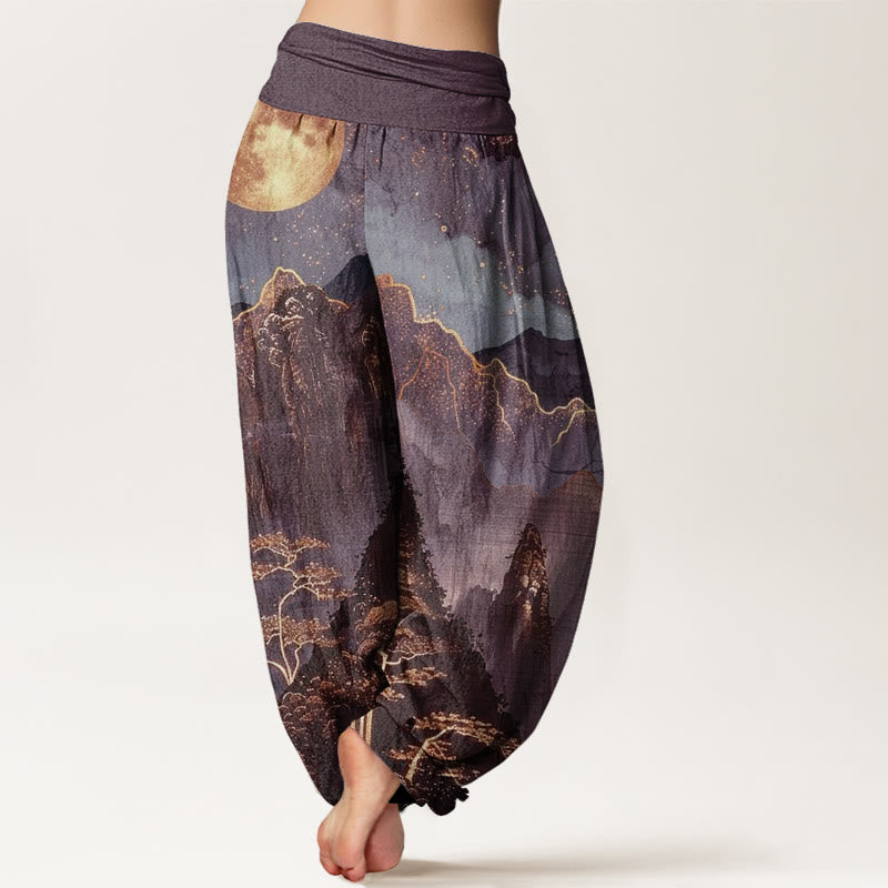 Pantalon harem femme en coton décontracté à motif de Buddha Stones, pleine lune, montagnes, arbres et rivière, taille élastique - image 6