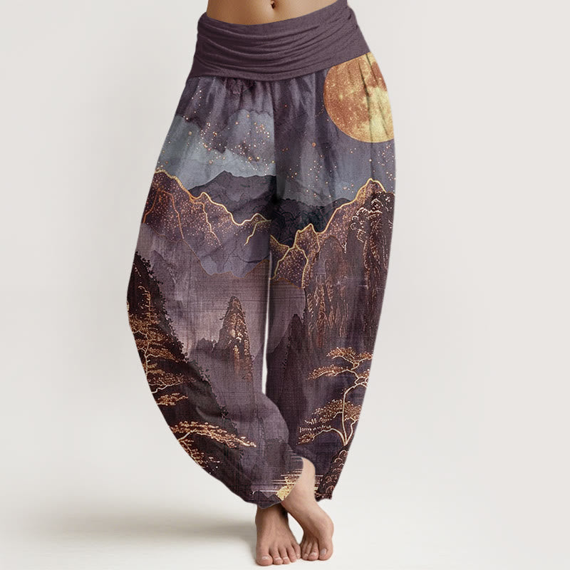 Pantalon harem femme en coton décontracté à motif de Buddha Stones, pleine lune, montagnes, arbres et rivière, taille élastique - Magenta foncé - US22，UK/AU26，EU54 (6XL) - image 4