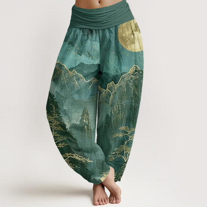 Pantalon harem femme en coton décontracté à motif de Buddha Stones, pleine lune, montagnes, arbres et rivière, taille élastique - DarkCyan - US22，UK/AU26，EU54 (6XL) - image 7