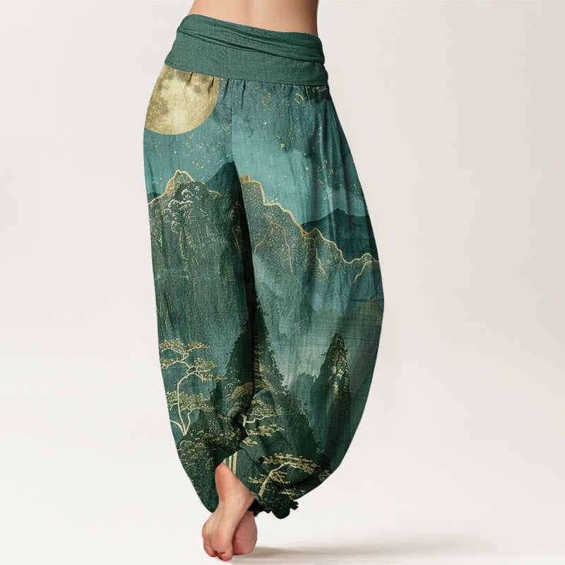 Pantalon harem femme en coton décontracté à motif de Buddha Stones, pleine lune, montagnes, arbres et rivière, taille élastique - image 9