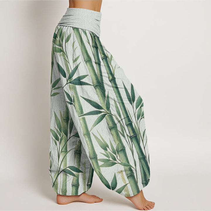 Pantalon sarouel décontracté à taille élastique pour femme, motif feuilles de bambou et Buddha Stones - image 1