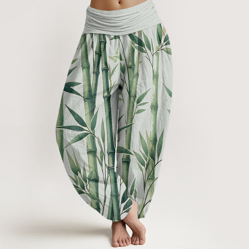 Pantalon sarouel décontracté à taille élastique pour femme, motif feuilles de bambou et Buddha Stones - Crème à la menthe - US22，UK/AU26，EU54 (6XL) - image 1