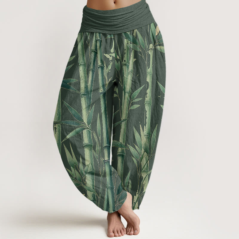 Pantalon sarouel décontracté à taille élastique pour femme, motif feuilles de bambou et Buddha Stones - Vert foncé - US22，UK/AU26，EU54 (6XL) - image 5