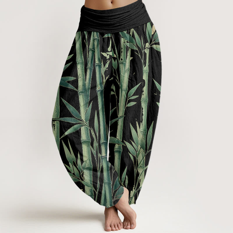 Pantalon sarouel décontracté à taille élastique pour femme, motif feuilles de bambou et Buddha Stones - Noir - US22，UK/AU26，EU54 (6XL) - image 8