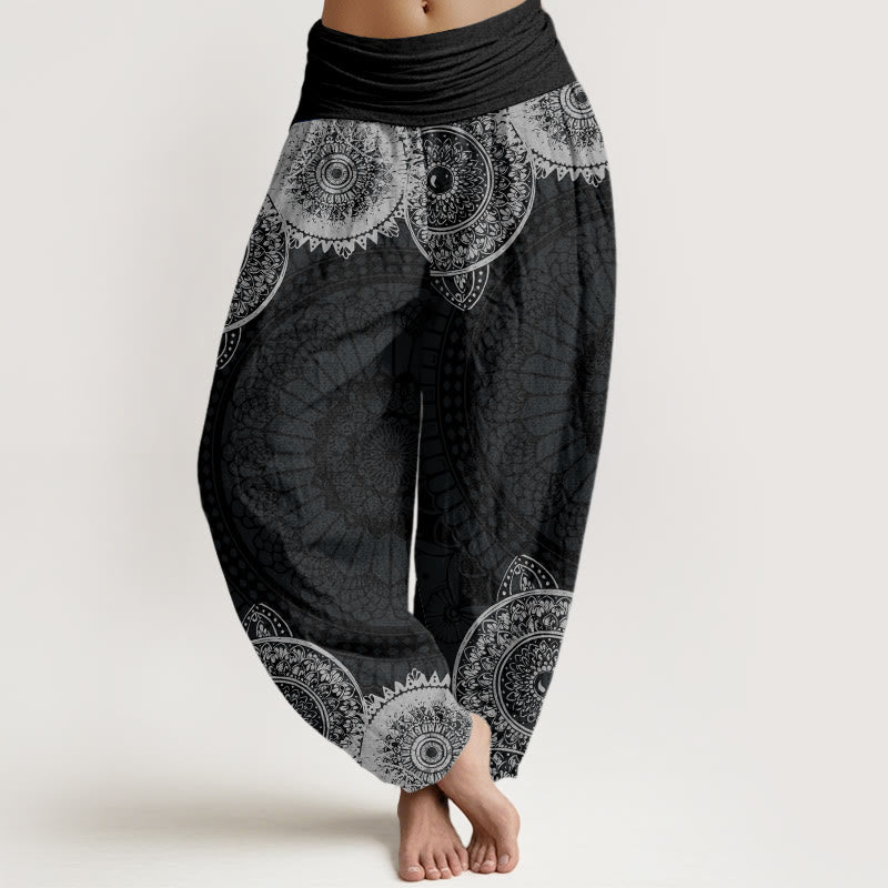 Pantalon harem à taille élastique pour femme, en coton, motif mandala circulaire et Buddha Stones - Noir - US22，UK/AU26，EU54 (6XL) - image 0